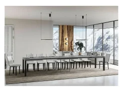 Mesa de comedor extensible Karry-Color Gris cemento-Base y soporte con ruedas-Ancho extensible