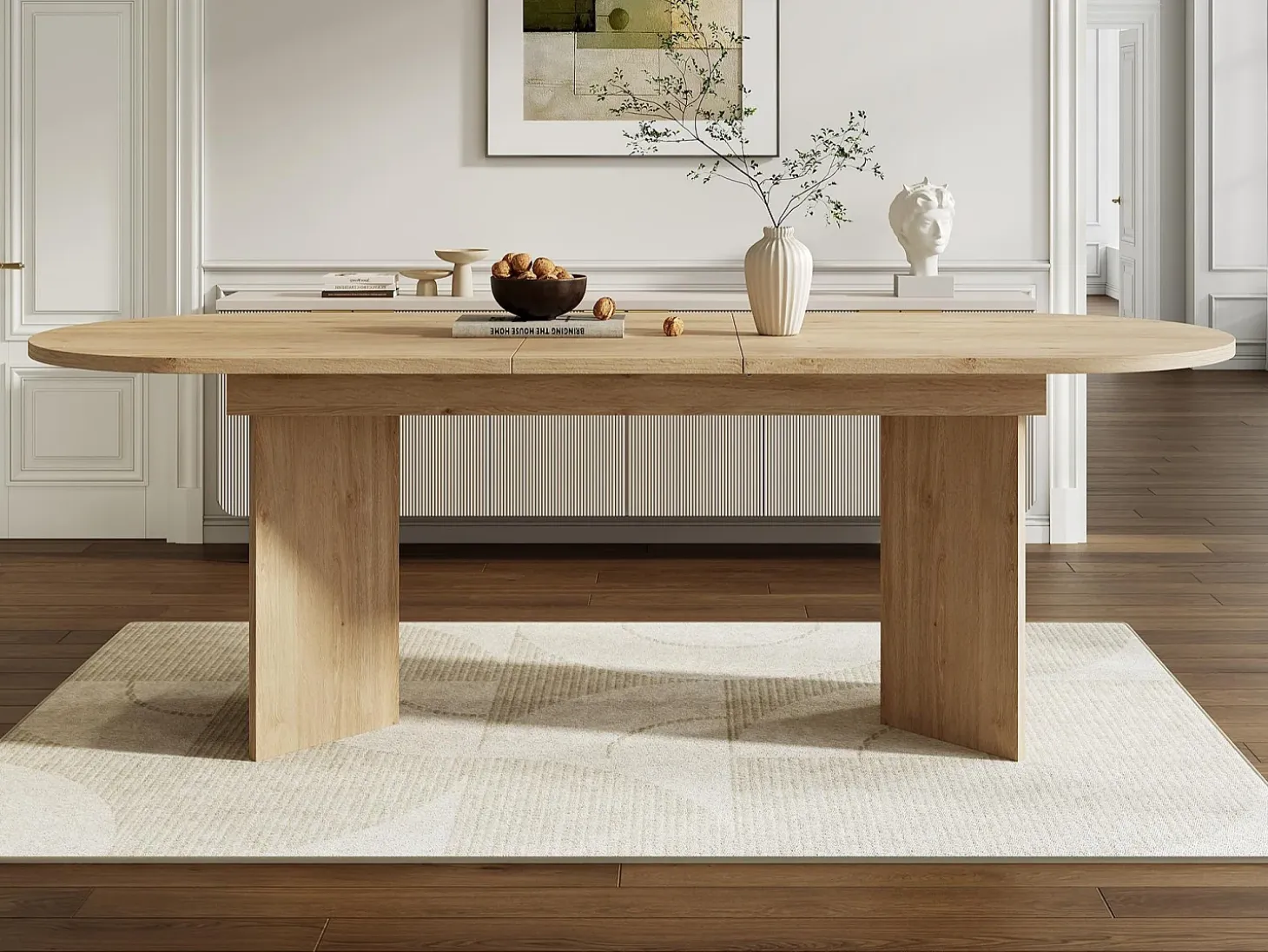 Mesa de comedor extensible 160-200x90x75 cm - para 6-8 personas - esquinas redondeadas - tablero grueso - MDF - natural