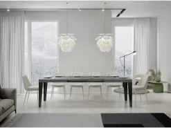 Mesa de comedor extensible Flavio-Color Gris cemento-Base y soporte con ruedas-Alargaderas -Ancho extensible