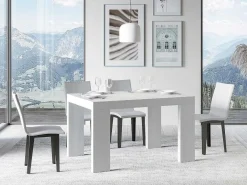Mesa de comedor extensible de madera Ribo-Color Blanco-Base y soporte con ruedas-5 alargaderas finas-Ancho extensible