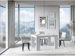Mesa de comedor extensible de madera Ribo-Color Blanco-Base y soporte con ruedas-5 alargaderas finas-Ancho extensible