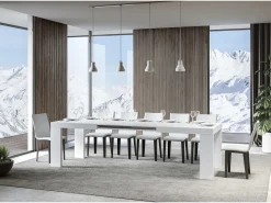 Mesa de comedor extensible de madera Ribo-Color Blanco-Base y soporte con ruedas-5 alargaderas finas-Ancho extensible