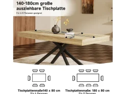 Mesa de comedor extensible - 140/180 x 80 x 76 cm - para 6 a 8 personas - patas de metal - MDF - natural