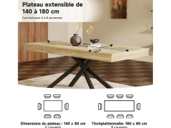 Mesa de comedor extensible - 140/180 x 80 x 76 cm - para 6 a 8 personas - patas de metal - MDF - natural