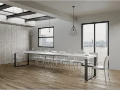 Mesa de comedor extensible tiroz-Color Blanco-Base y soporte con ruedas-5 alargaderas finas-Ancho extensible