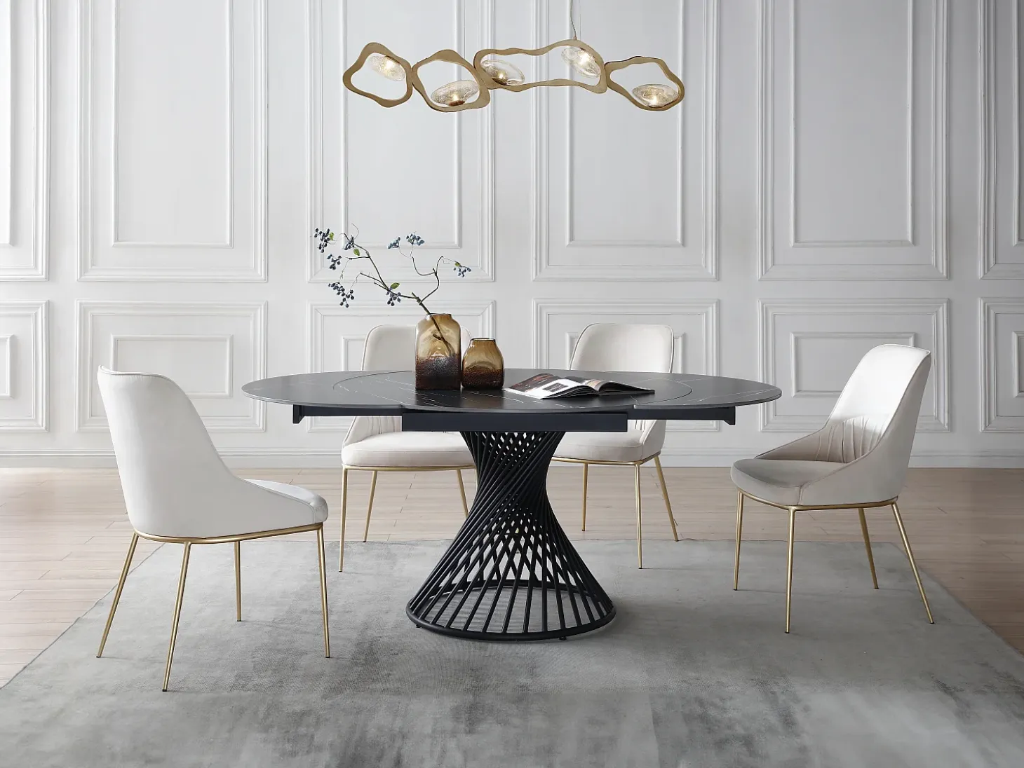 Mesa de comedor extensible de 4 a 8 cubiertos en cerámica y metal - Efecto mármol negro - CASTINA