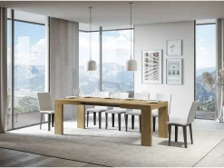 Mesa de comedor extensible de madera Ribo-Color Natural-Base y soporte con ruedas-5 alargaderas finas-Ancho extensible