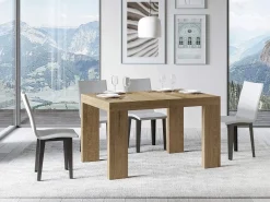 Mesa de comedor extensible de madera Ribo-Color Natural-Base y soporte con ruedas-5 alargaderas finas-Ancho extensible