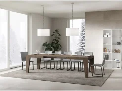 Mesa de comedor extensible de madera Naxo.-Color Gris cemento-Soporte 4 pies-5 alargaderas finas-Ancho extensible