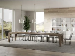 Mesa de comedor extensible de madera Naxo.-Color Gris cemento-Soporte 4 pies-5 alargaderas finas-Ancho extensible