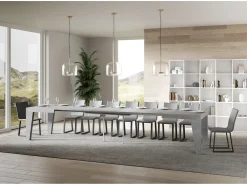 Mesa de comedor extensible de madera Naxo.-Color Gris cemento-Soporte 4 pies-5 alargaderas finas-Ancho extensible