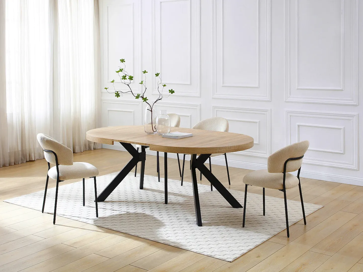 Mesa de comedor extensible 6 a 12 comensales de MDF y acero - Natural y negro - KOMONI