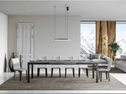 Mesa de comedor extensible Karry evolución-Color Gris cemento-Base y soporte con ruedas-Ancho extensible