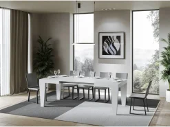 Mesa de comedor extensible de madera Kristo patas en V-Color Blanco-Soporte 4 pies-5 alargaderas finas-Ancho extensible
