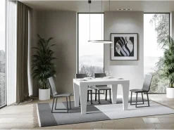 Mesa de comedor extensible de madera Kristo patas en V-Color Blanco-Soporte 4 pies-5 alargaderas finas-Ancho extensible