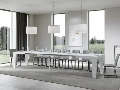Mesa de comedor extensible de madera Kristo patas en V-Color Blanco-Soporte 4 pies-5 alargaderas finas-Ancho extensible