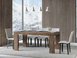 Mesa de comedor extensible de madera Ribo-Color Marrón-Base y soporte con ruedas-Alargaderas -Ancho extensible