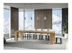 Mesa de comedor extensible de madera Ribo-Color Natural-Soporte 4 pies-Alargaderas -Ancho extensible