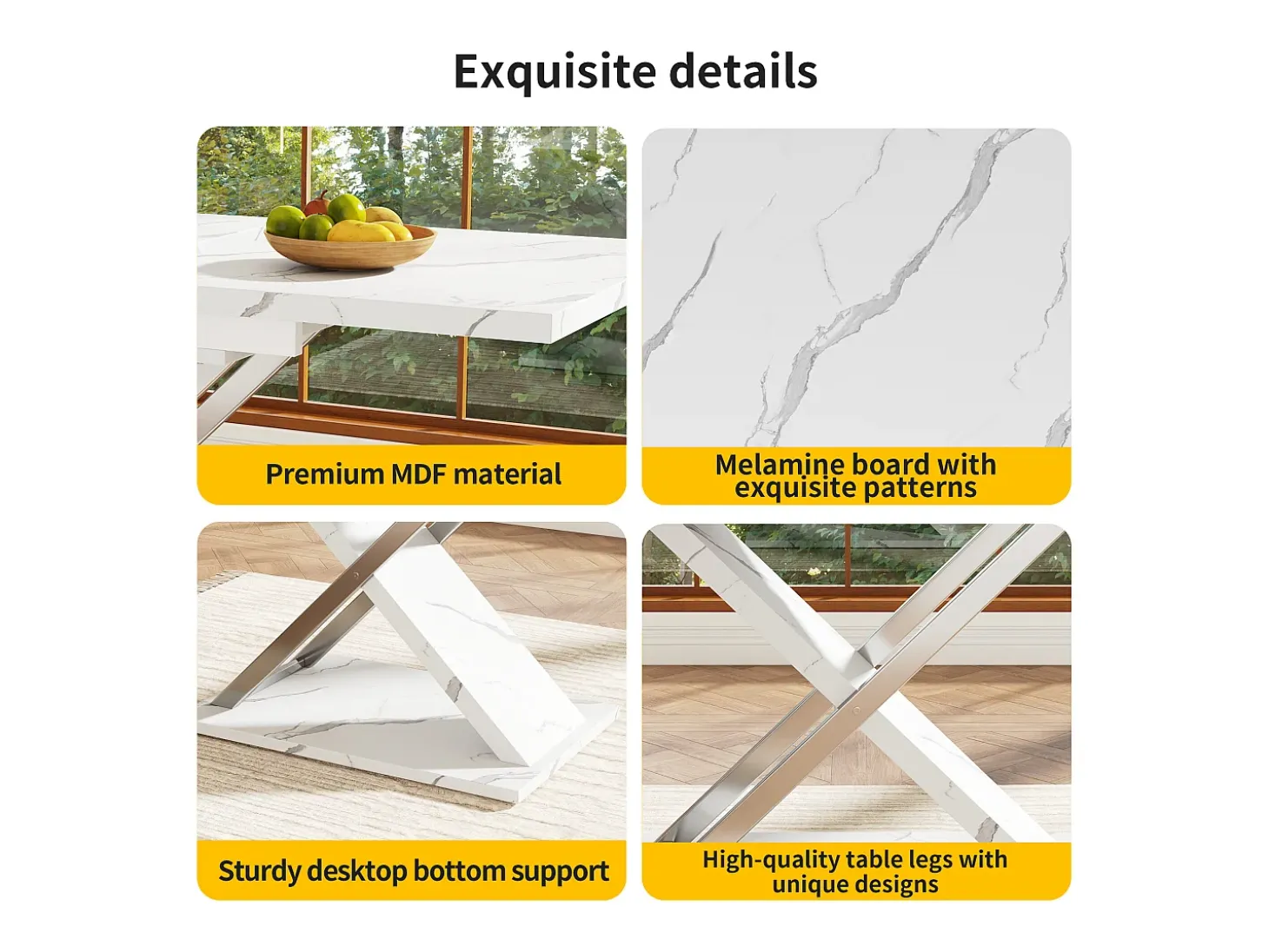 Mesa de comedor extensible para 4 a 6 personas - 118/157 x 70 x 75 cm - Tablero efecto mármol - MDF y metal - Blanco