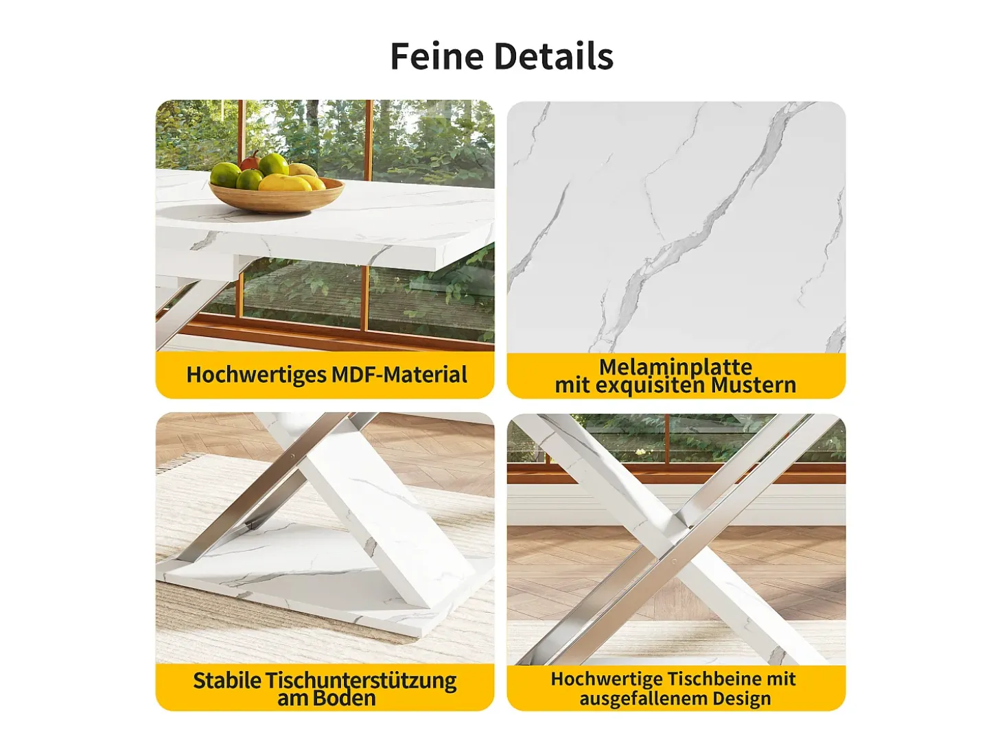 Mesa de comedor extensible para 4 a 6 personas - 118/157 x 70 x 75 cm - Tablero efecto mármol - MDF y metal - Blanco