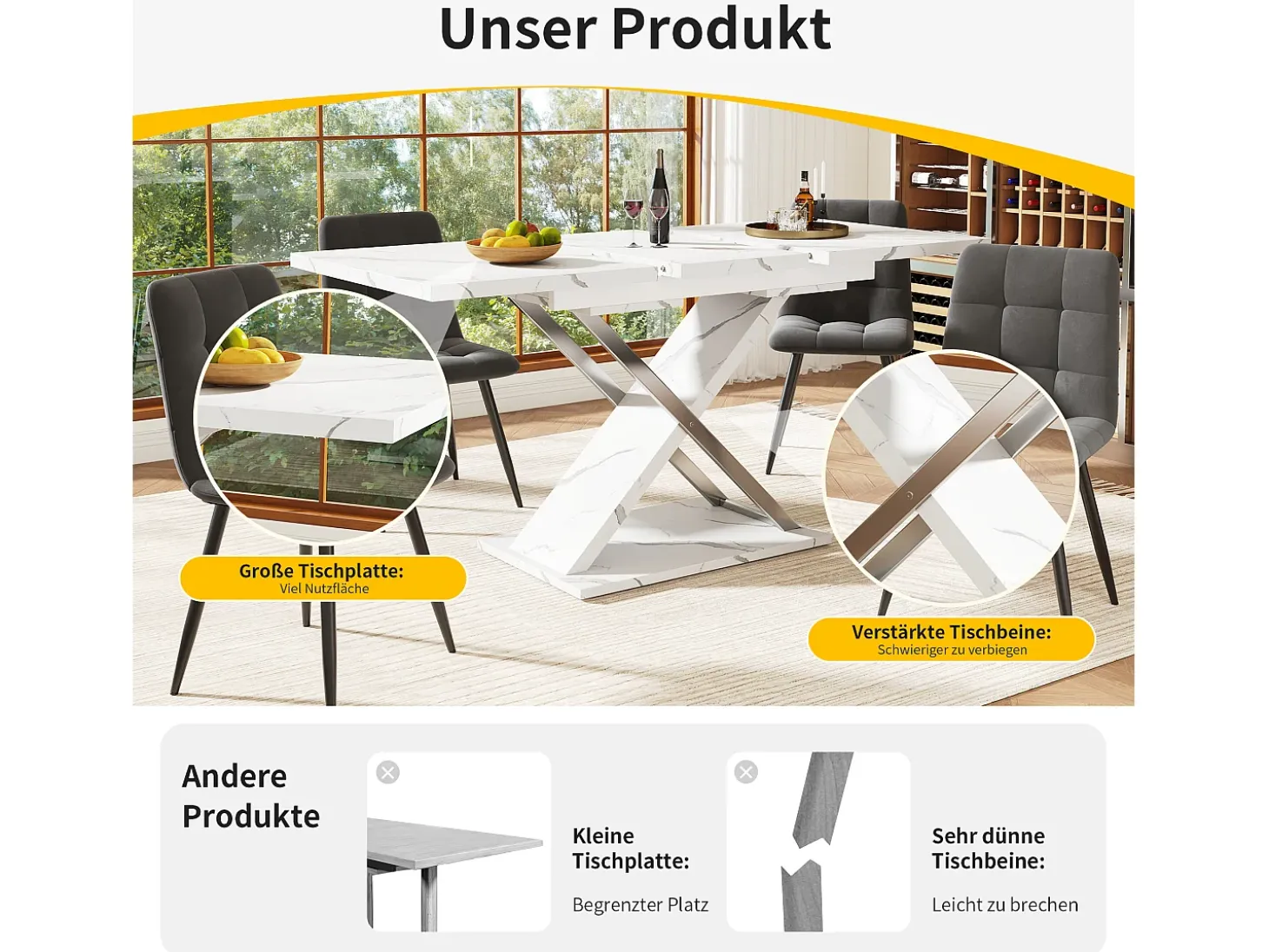 Mesa de comedor extensible para 4 a 6 personas - 118/157 x 70 x 75 cm - Tablero efecto mármol - MDF y metal - Blanco