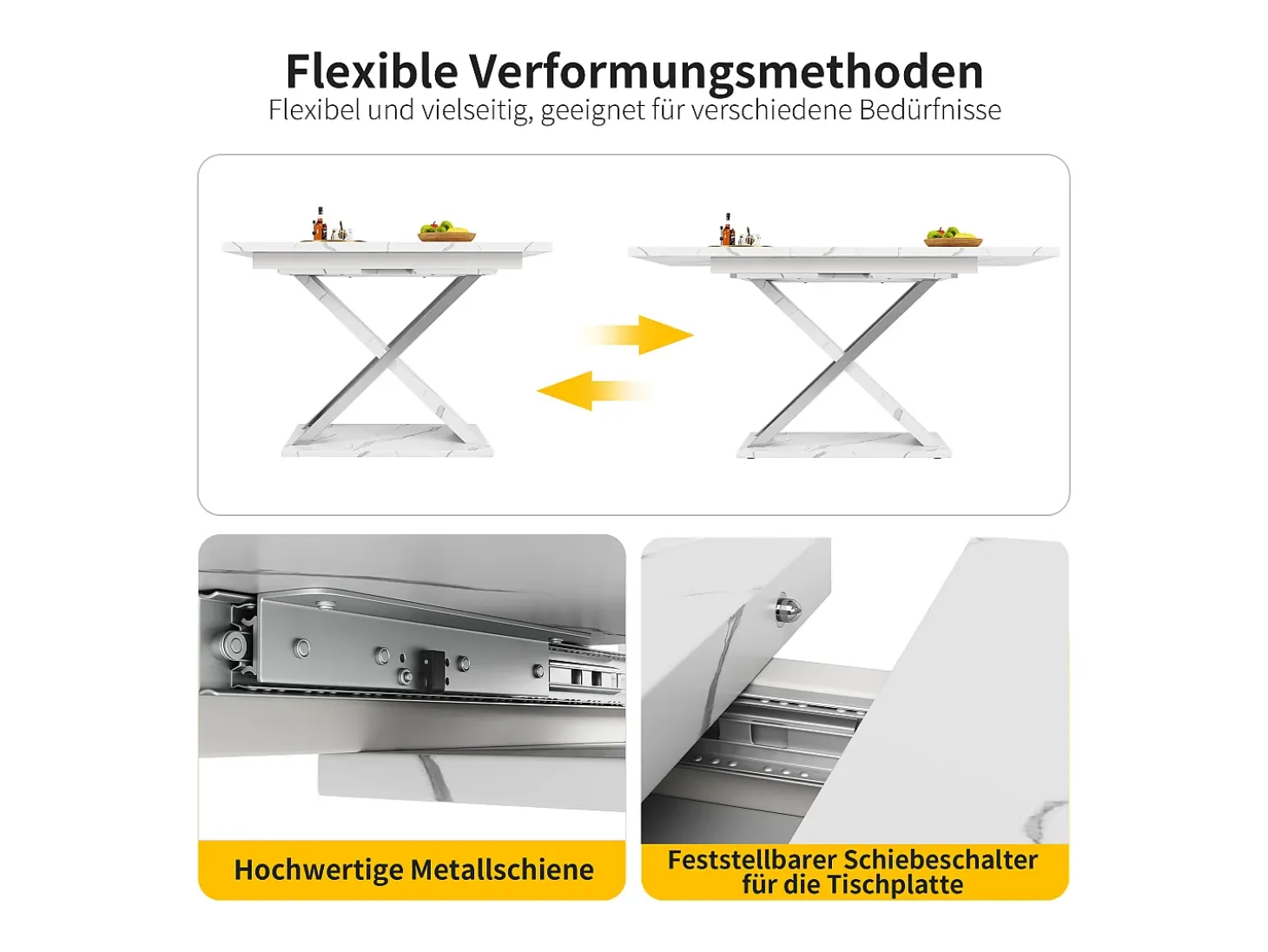 Mesa de comedor extensible para 4 a 6 personas - 118/157 x 70 x 75 cm - Tablero efecto mármol - MDF y metal - Blanco