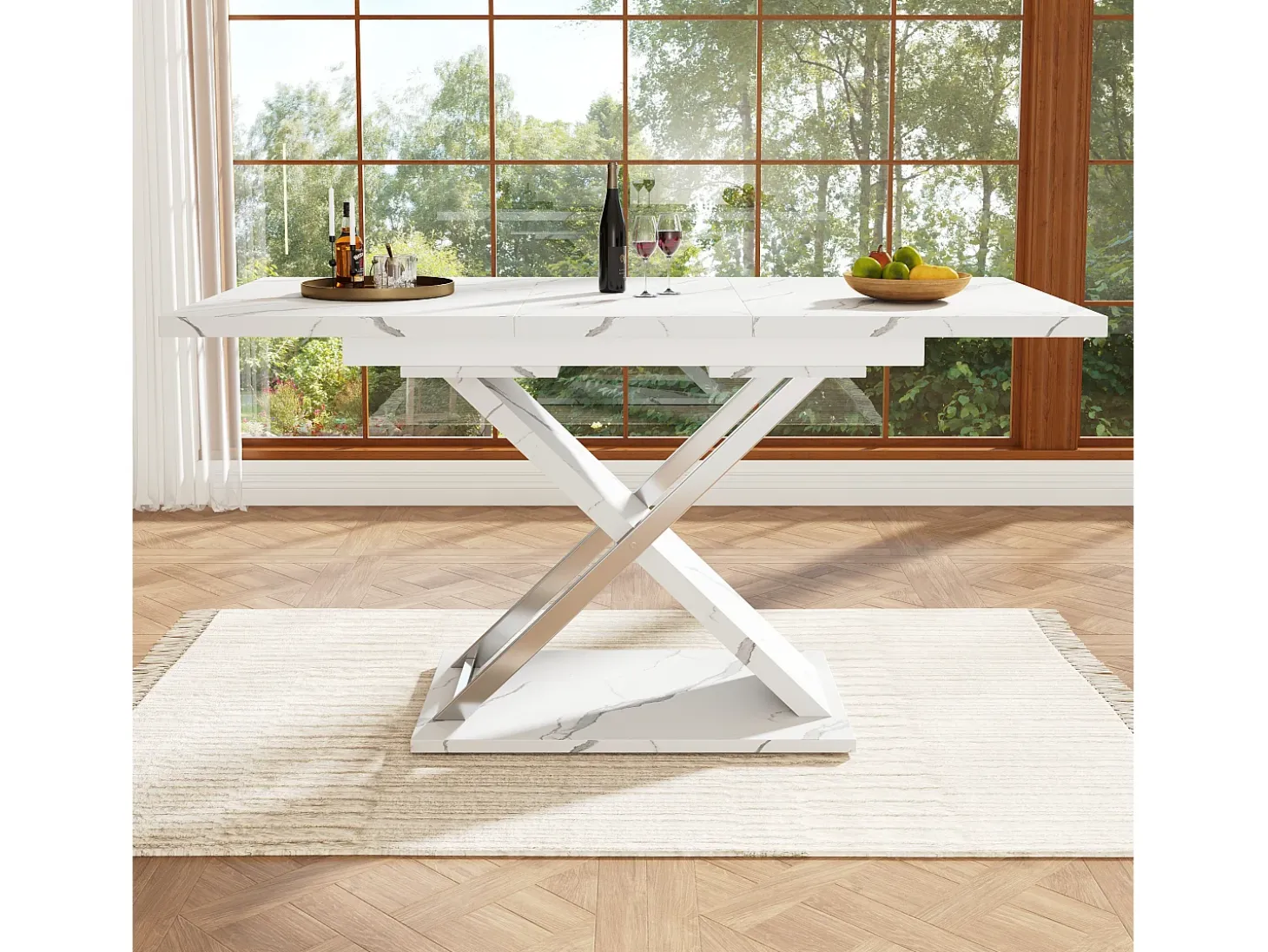 Mesa de comedor extensible para 4 a 6 personas - 118/157 x 70 x 75 cm - Tablero efecto mármol - MDF y metal - Blanco