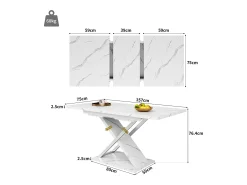 Mesa de comedor extensible para 4 a 6 personas - 118/157 x 70 x 75 cm - Tablero efecto mármol - MDF y metal - Blanco