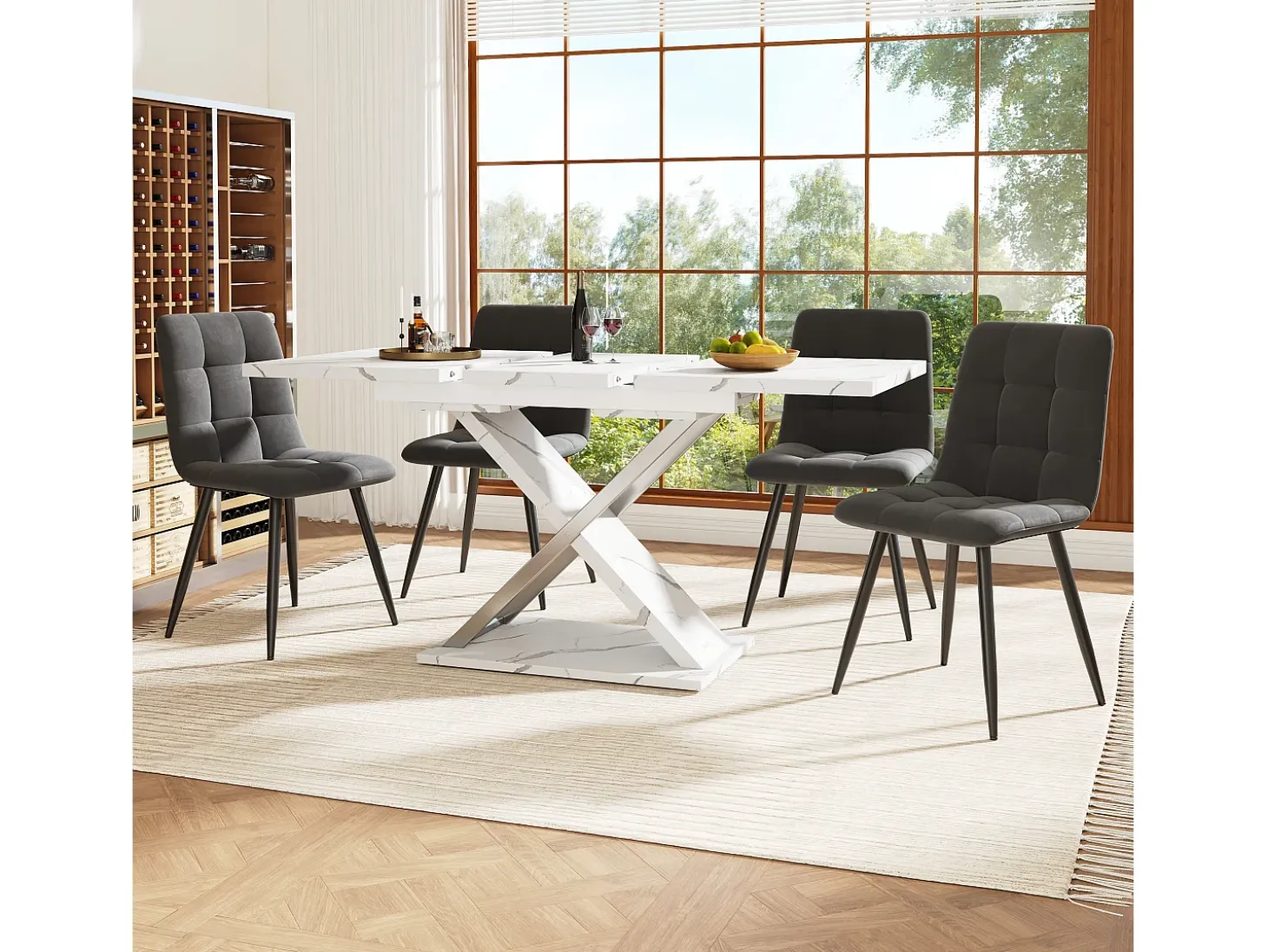 Mesa de comedor extensible para 4 a 6 personas - 118/157 x 70 x 75 cm - Tablero efecto mármol - MDF y metal - Blanco