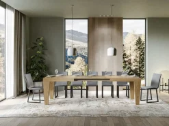 Mesa de comedor extensible de madera Kristo patas en V-Color Natural-Soporte 4 pies-5 alargaderas finas-Ancho extensible