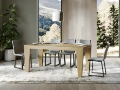 Mesa de comedor extensible de madera Kristo patas en V-Color Natural-Soporte 4 pies-5 alargaderas finas-Ancho extensible