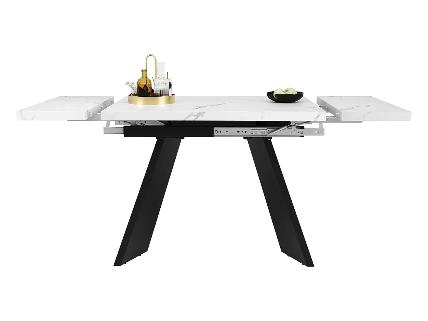 Mesa de comedor extensible - 99-159 x 74 x 77 cm - Tablero efecto mármol - Patas de MDF y metal - Blanco + negro