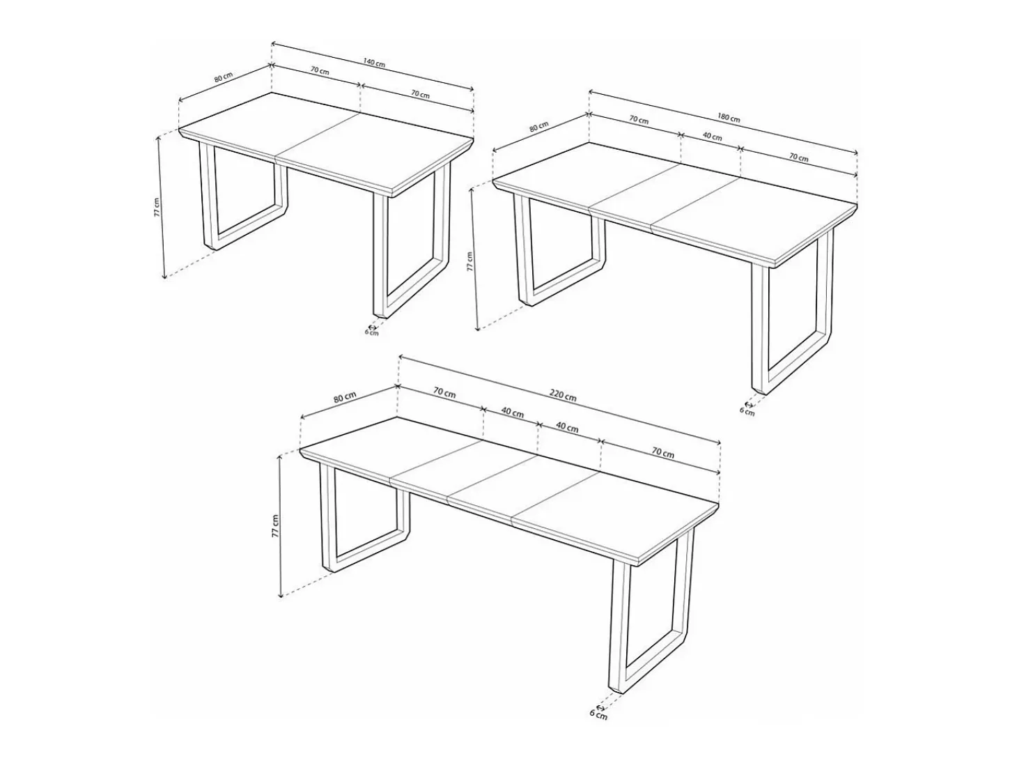 Mesa de comedor extensible de 77x80x148-180-220 cm en roble nordish y patas negras Jack
