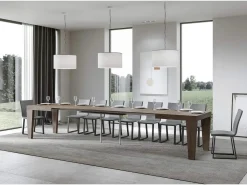 Mesa de comedor extensible de madera Kristo patas en V-Color Marrón-Soporte 4 pies-5 alargaderas finas-Ancho extensible