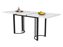 Mesa de comedor extensible (140-179.5 x 80 cm) - en MDF y metal - tablero efecto mármol - Blanco