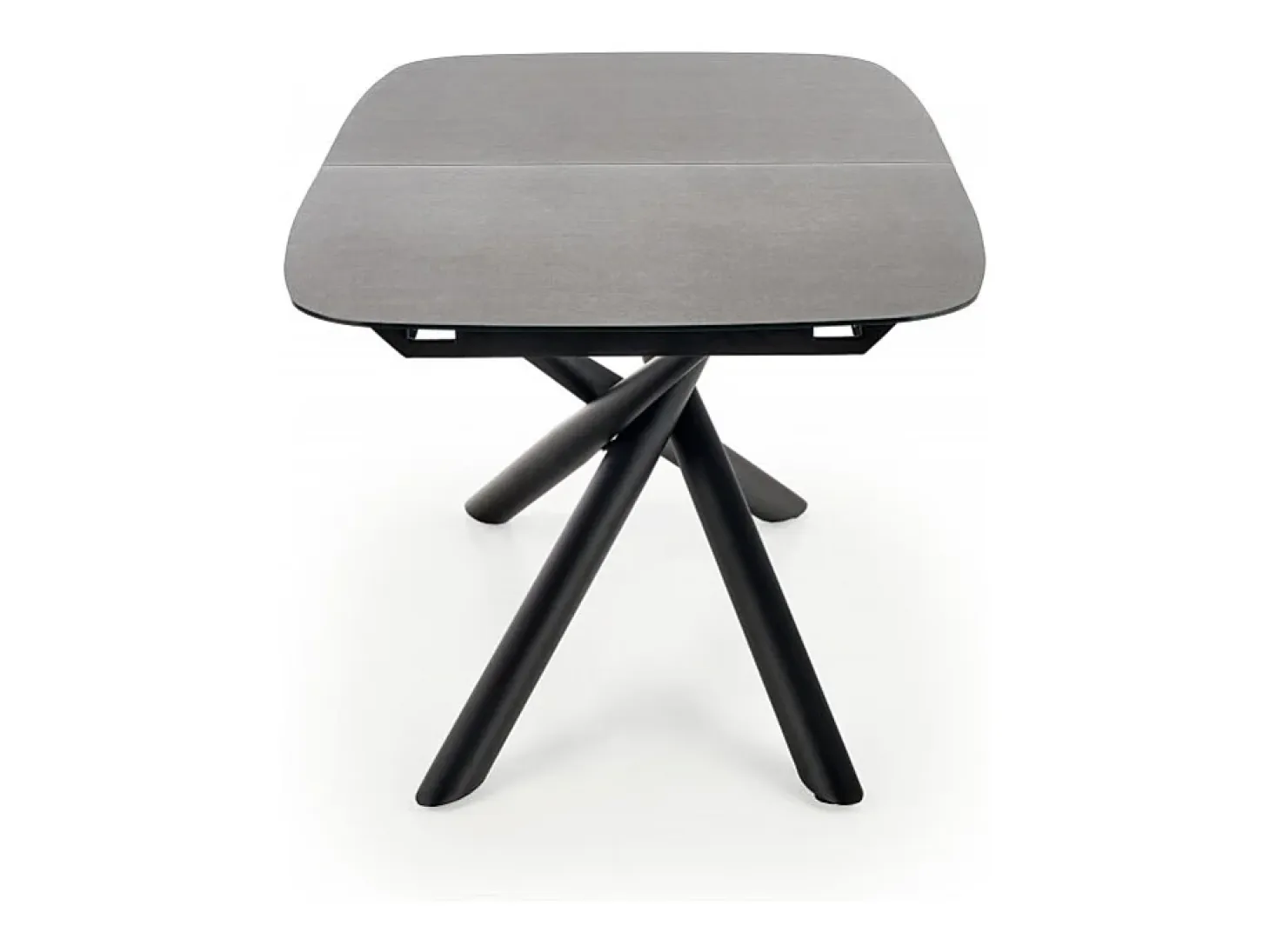 Mesa de comedor extensible con tablero de cristal gris oscuro y pata central de acero negro con diseño Chambord