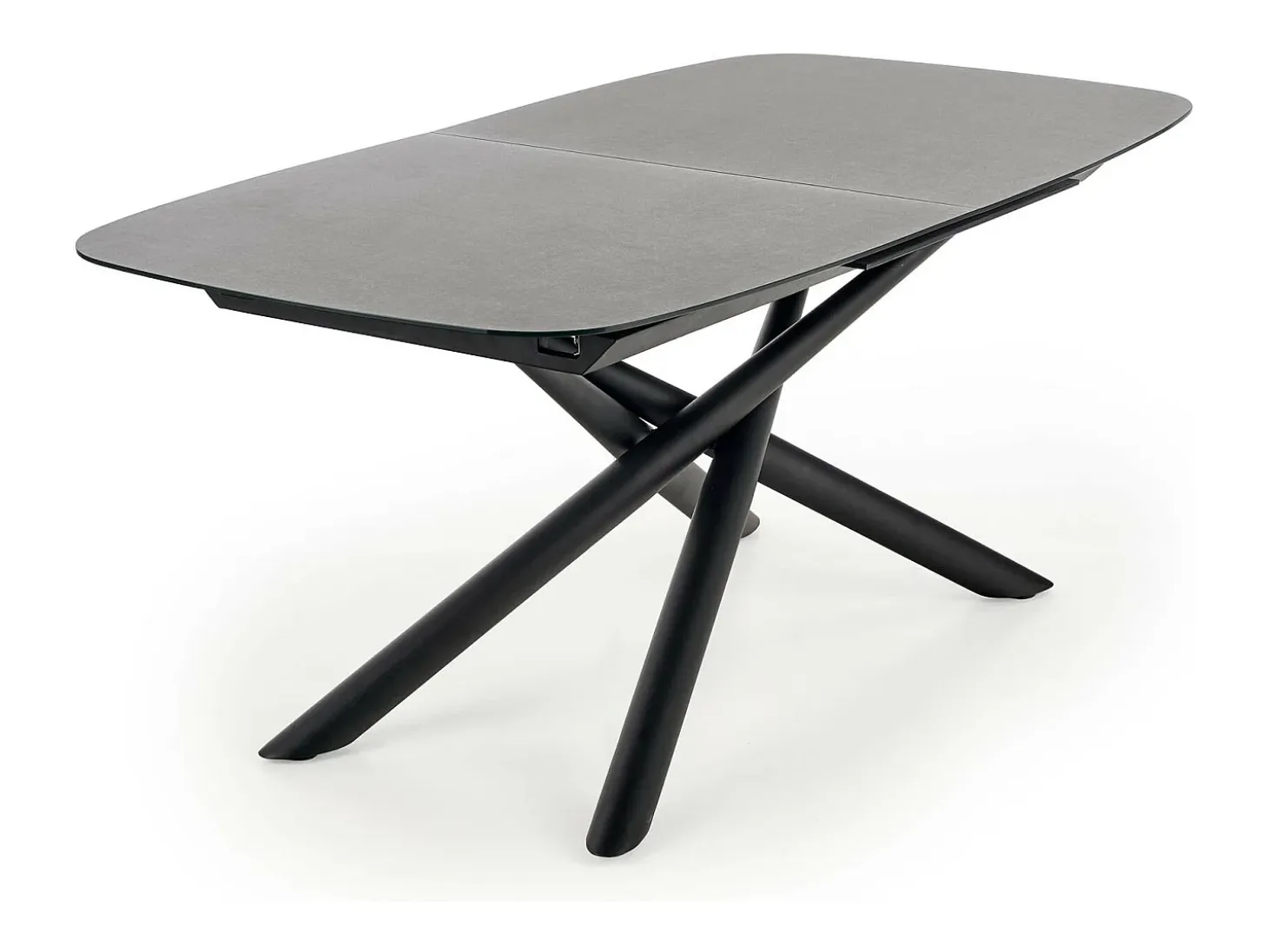Mesa de comedor extensible con tablero de cristal gris oscuro y pata central de acero negro con diseño Chambord