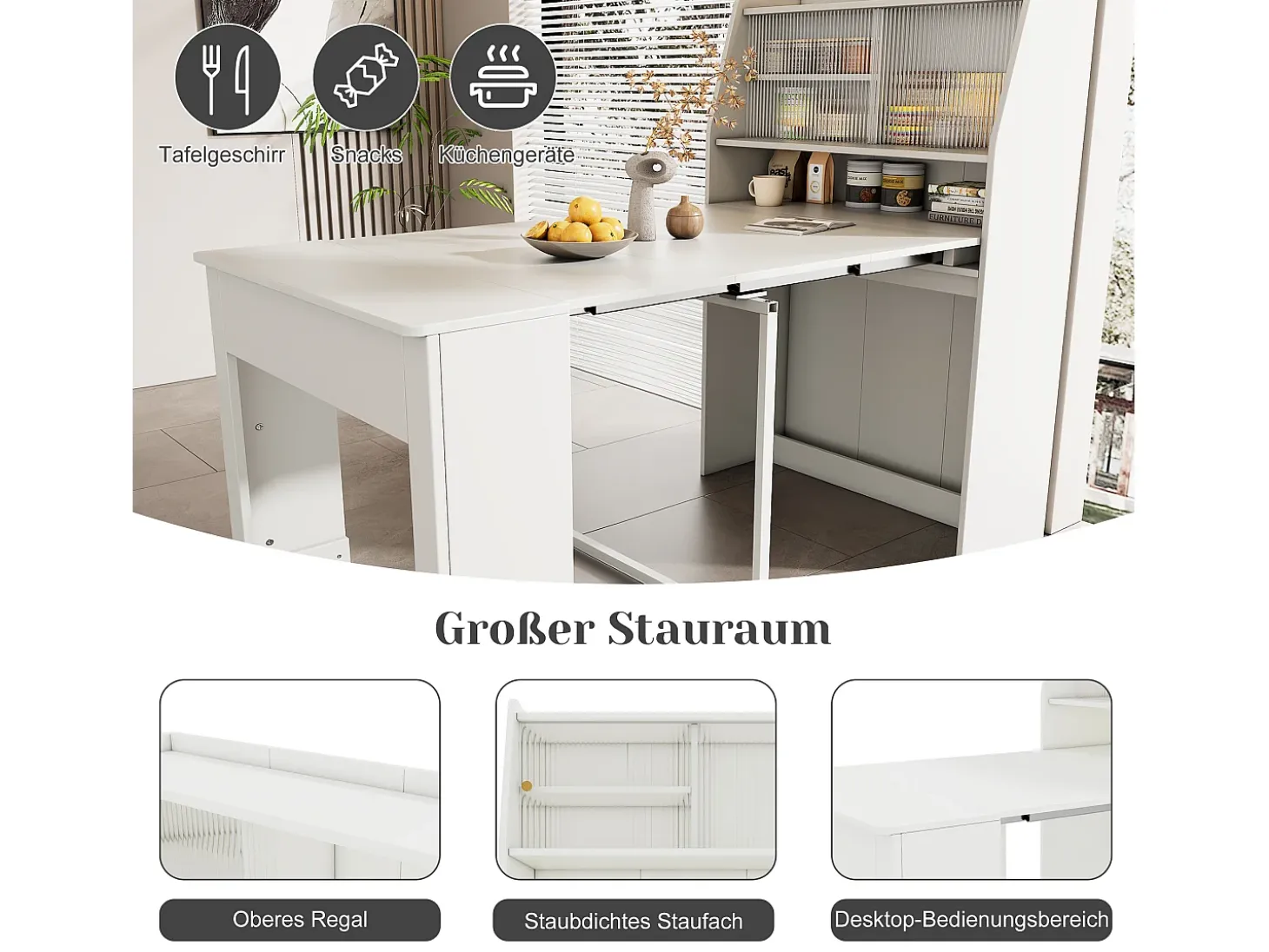 Mesa de comedor extensible para 4 a 6 cubiertos con armario - L52/132,5xB80xH76cm - Tablero de partículas - Blanco