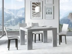 Mesa de comedor extensible de madera Ribo-Color Gris cemento-Base y soporte con ruedas-5 alargaderas finas-Ancho extensible