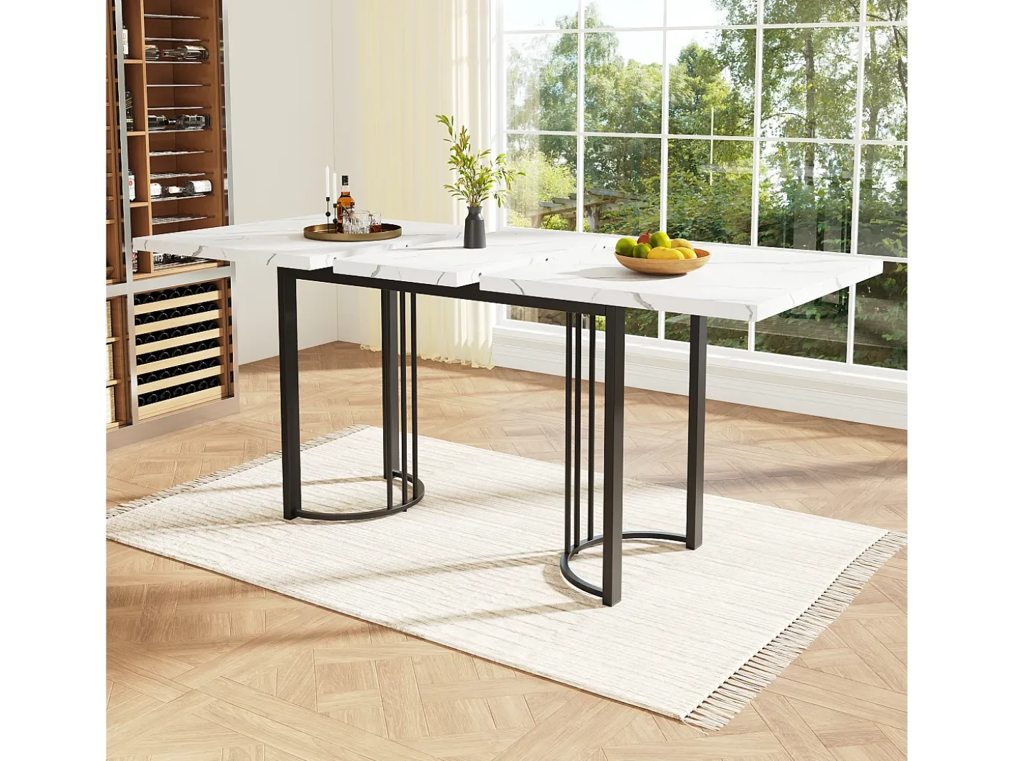 Mesa de comedor extensible para 4 a 6 personas - 140/179,5 x 80 x 75,5 cm - Tablero extensible - MDF + Patas de metal - Blanco + negro