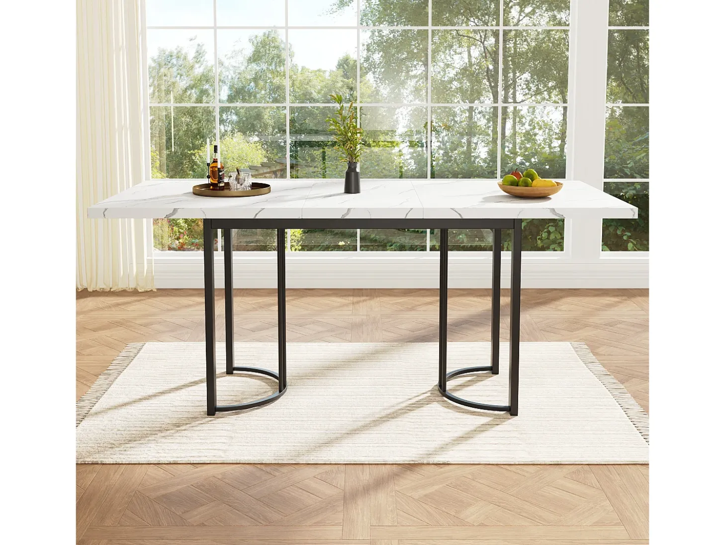 Mesa de comedor extensible para 4 a 6 personas - 140/179,5 x 80 x 75,5 cm - Tablero extensible - MDF + Patas de metal - Blanco + negro