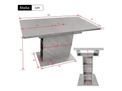 Mesa de comedor extensible para 4-6 personas 130x70cm en tablero de partículas con almacenaje, chapa de mármol gris