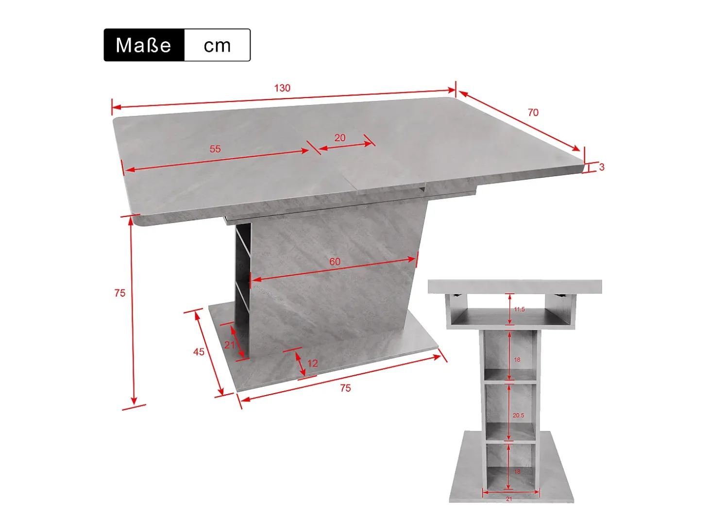 Mesa de comedor extensible para 4-6 personas 130x70cm en tablero de partículas con almacenaje, chapa de mármol gris