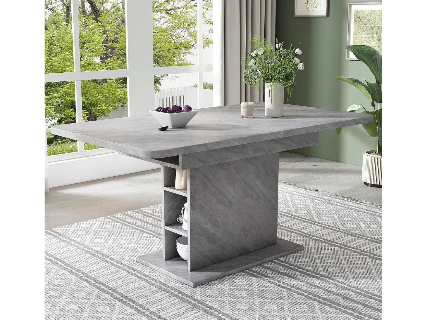 Mesa de comedor extensible para 4-6 personas 130x70cm en tablero de partículas con almacenaje, chapa de mármol gris