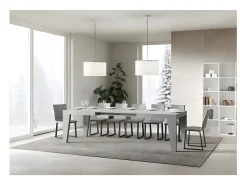 Mesa de comedor extensible de madera Naxo.-Color Gris cemento-Soporte 2 pies-5 alargaderas finas-Ancho extensible