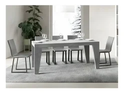 Mesa de comedor extensible de madera Naxo.-Color Gris cemento-Soporte 2 pies-5 alargaderas finas-Ancho extensible