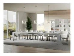 Mesa de comedor extensible de madera Naxo.-Color Gris cemento-Soporte 2 pies-5 alargaderas finas-Ancho extensible