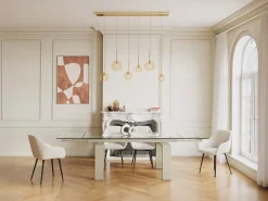 Mesa de comedor extensible en cristal templado y metal - Transparente y Beige - LUBANA