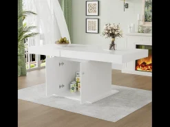 Mesa de comedor extensible con almacenaje, función automática, Aglomerado, Blanco, (140/180x80x76 cm)