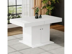 Mesa de comedor extensible con almacenaje, función automática, Aglomerado, Blanco, (140/180x80x76 cm)